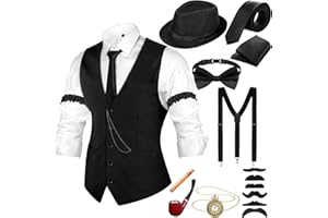 Neer 1920s Men Costume Accessories Outfit with Gangster Vest Hat Vintage Pocket Watch Bow Tie Suspenders Accessories