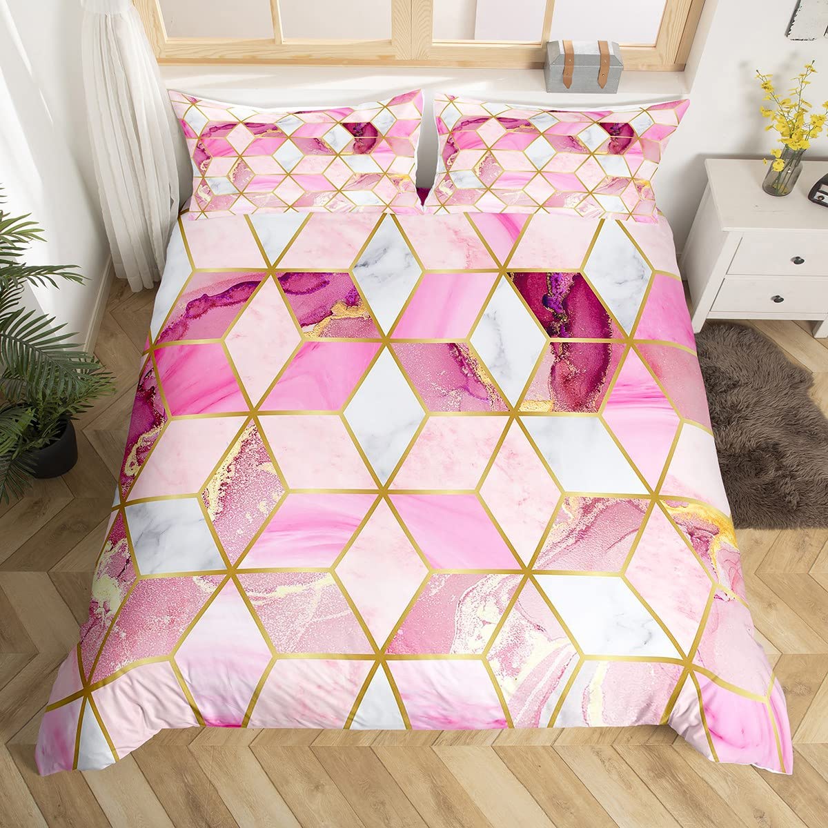 Pink Marble Bedding Set Geometric Cube Comforter Cover for Kids Boys Girls Gold and Purple Marble Texture Duvet Cover Modern Breathable Bedspread Cover Single Size