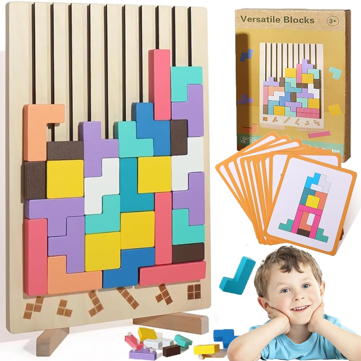 Wooden Stacking Puzzle Toy, Tetris Game with 10 Cards, 3D Montessori Stacking Blocks, Educational Toys for Boys Girls Age 4-8, Interactive Board Game Geometric Builiding Toys for Kids and Adults