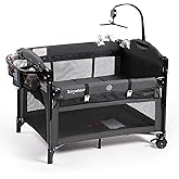 Rinnebbit Baby Bassinets Bedside Sleeper, 4 in 1 Portable Bedside Crib w/Mattress, Diaper Changer, Storage Basket, Music Box, Carry Bag, Foldable Playard Sleeper for Newborn (Black)