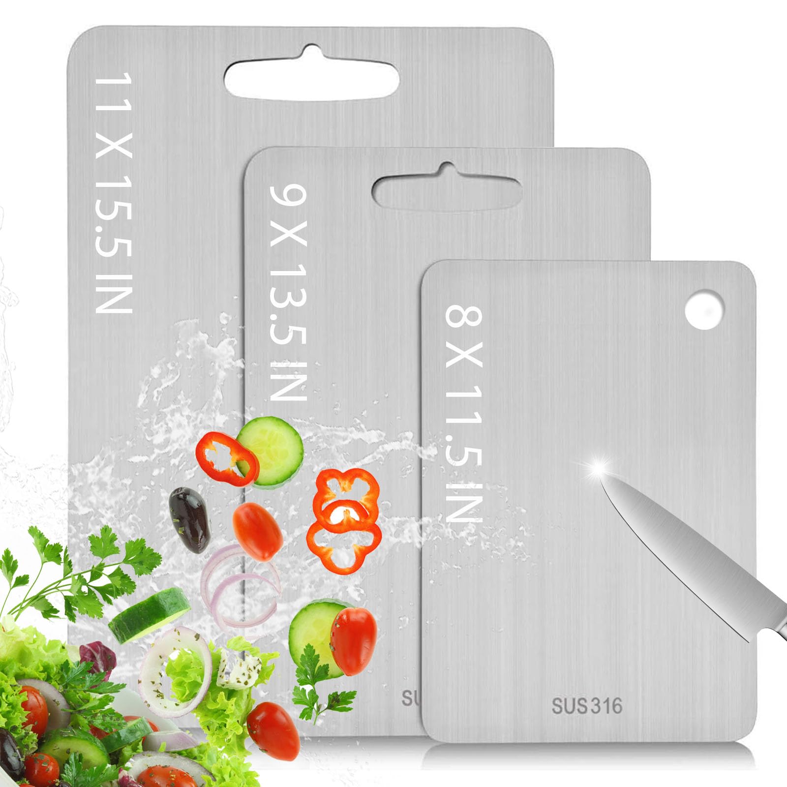 Photo 1 of Titanium Cutting Board, Steel Cutting Boards For Kitchen, Stainless Steel Cutting Board 316, Large Double Sided Medical-grade Hygiene Durable non moldy 316L Stainless Steel Chopping Board (3PC-S+L+XL)
