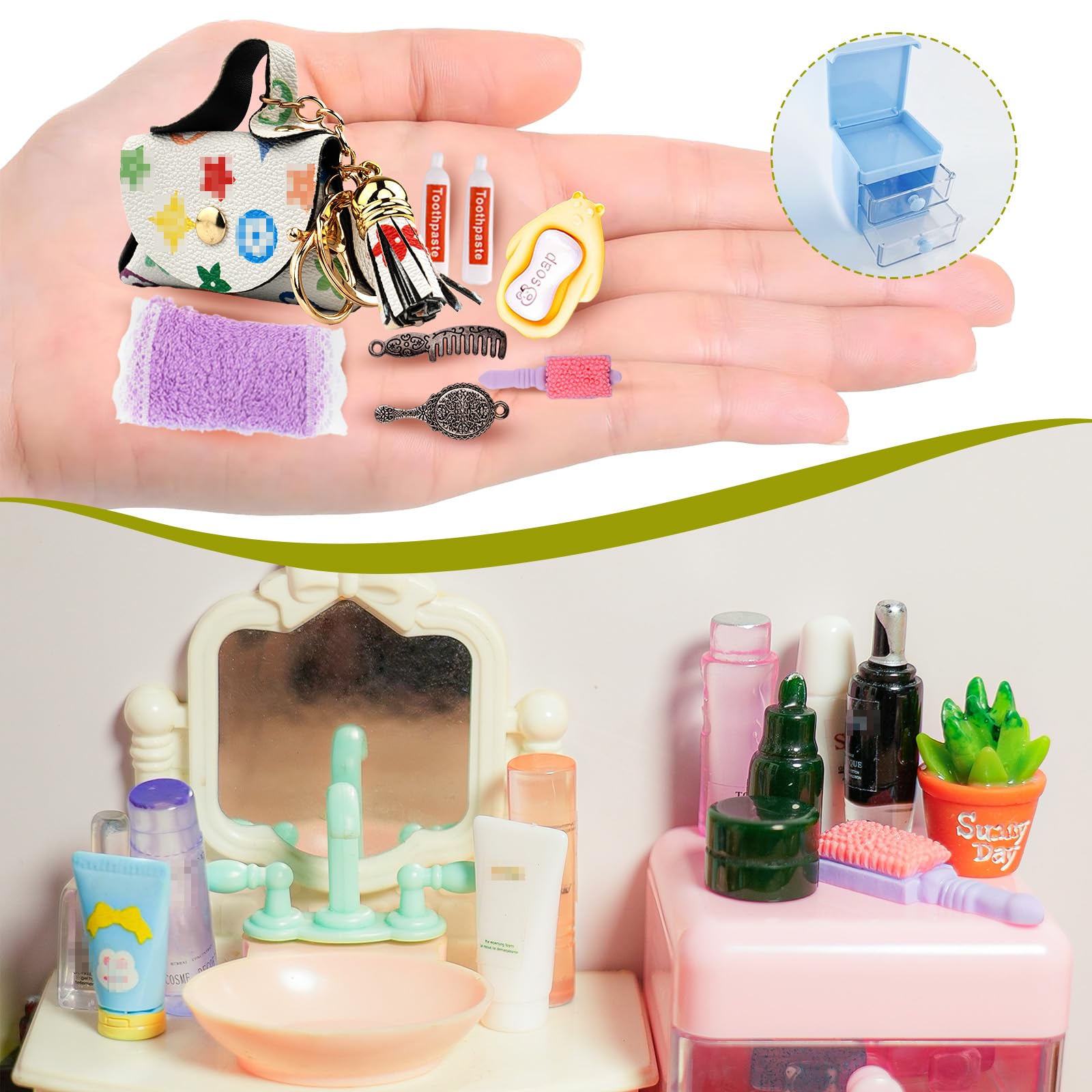 87Pcs Dollhouse Miniature Bathroom Accessories Cosmetic & Toilet Pretend Play Mini Makeup Set with Shampoo Perfume Hair Dryer Comb Purse Decor DIY Doll Backpack Glasses Photo Frame Salon Spa