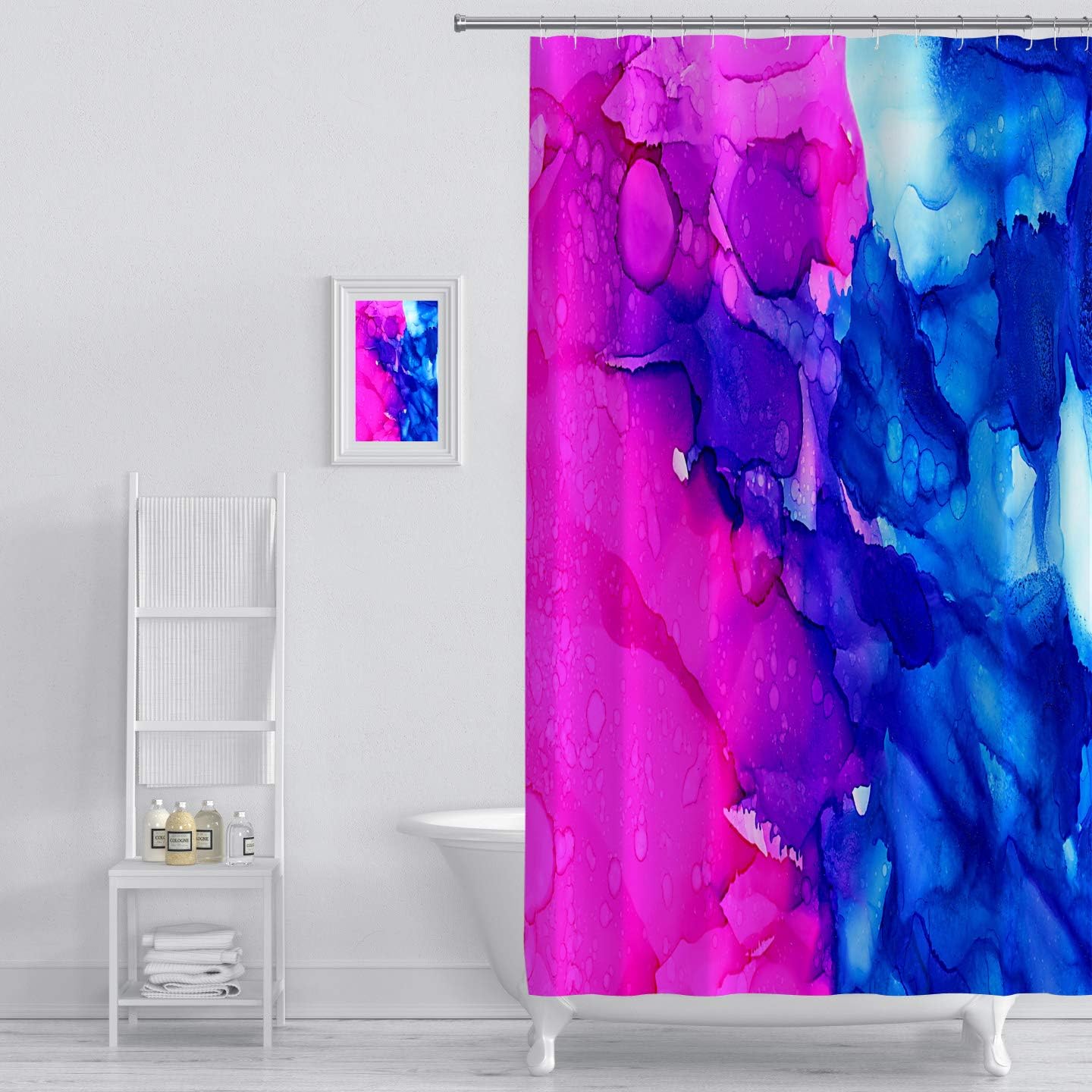 MuaToo Shower Curtain Abstract Bright Pink with Textured Blue Colorful Background Hand Drawn with Bright Inks and Print Shower Hooks are Included 72 x 84 Inches