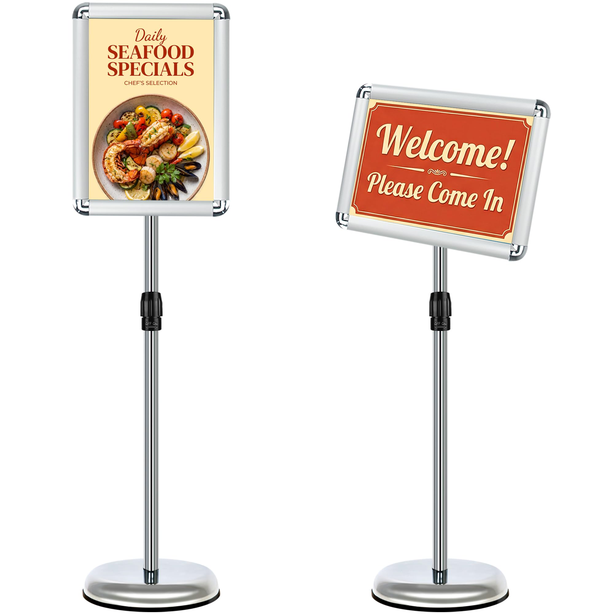 VAIIGO A4 Sign Stand Adjustable, Aluminum Sign Holder & Poster Menu Stand for Floor Standing Display | Aluminium Snap Frame with Safety Corners & Stable Base | for Advertising, Notice, Welcome, Silver