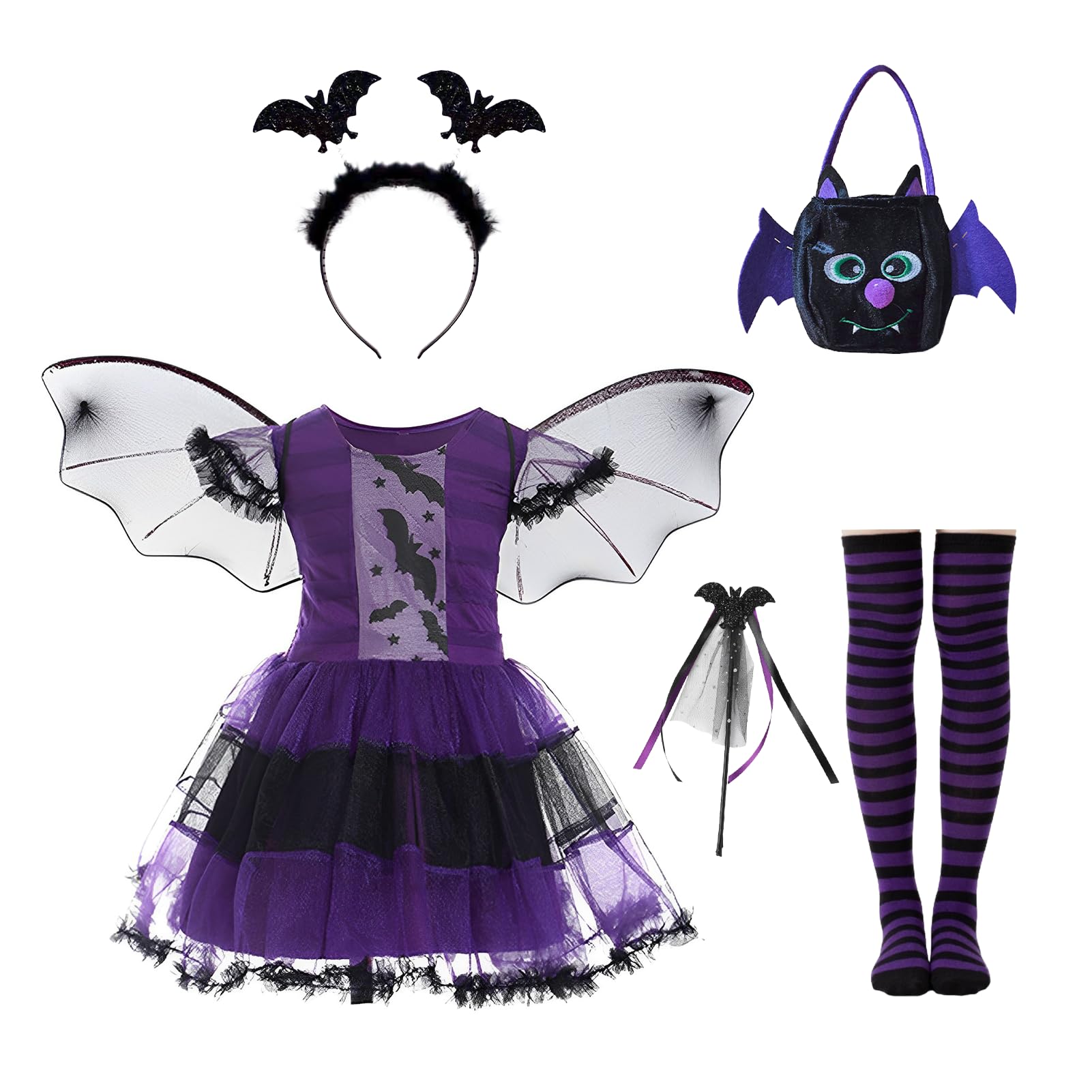 Raveparty Girls Bat Costume, Vampirina Kids Halloween Outfit With Magic Wand, Socks, Headband, Handbag (130)