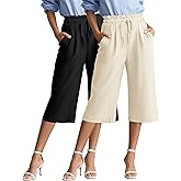 Locoowai 2 Pack Women's Wide Leg Linen Capri Pants Casual High Waist Cropped Palazzo Summer Trousers with Pockets