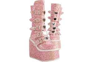 HINDOLA Womens Platform Punk Goth Mid Calf Boots Chunky High Heel Round-Toe Non Slip Back-Zip Knee High Booties Combat Boots For Women