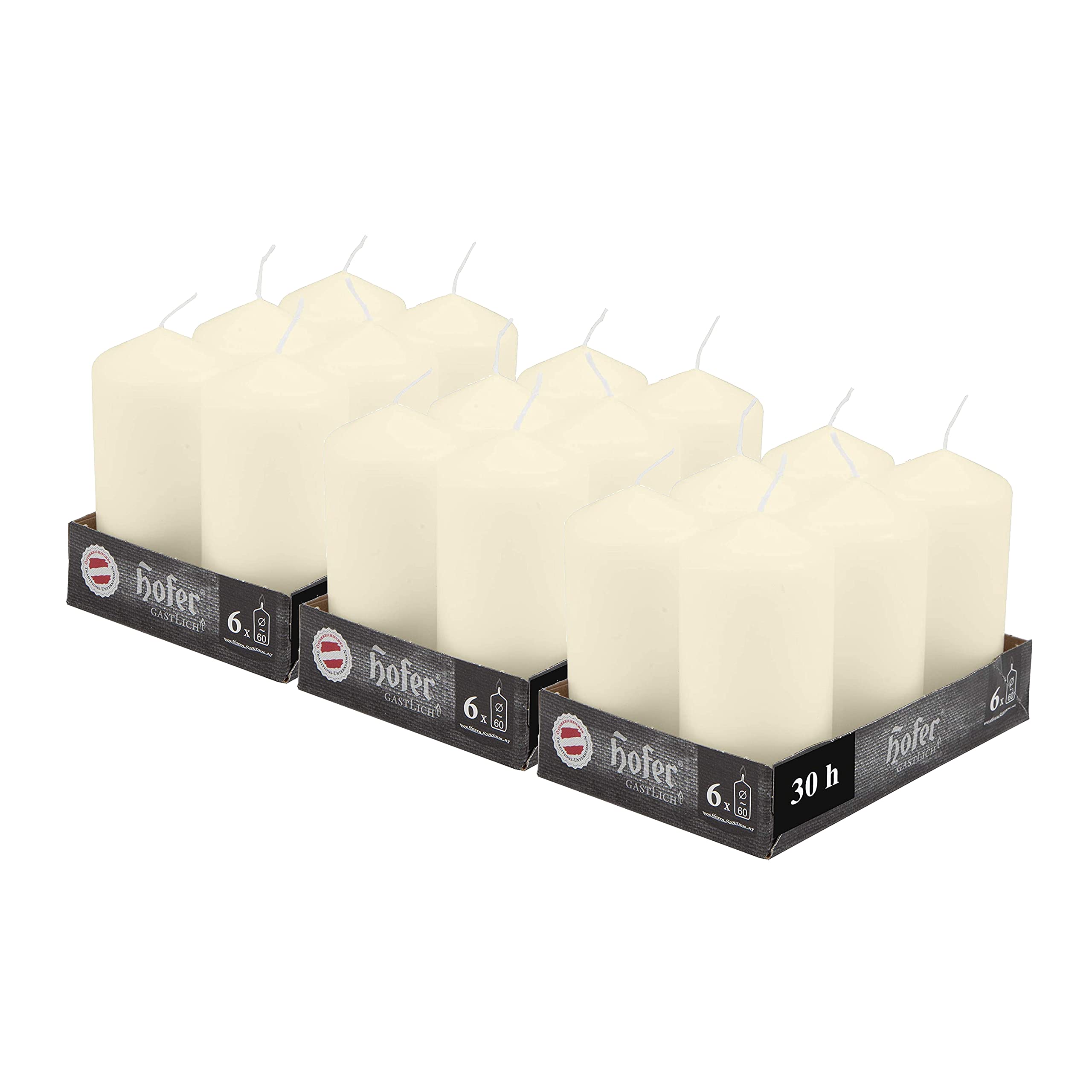 Hofer Unscented Pillar Candles - Ivory - 60 x 120 mm - Set of 18 Decorative Candles - 39 Hours Long Burning Time - Dripless - Smokeless - RAL Quality - Made in Austria