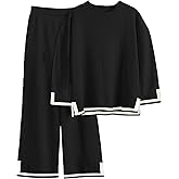 COOTRY Plus Size Sweater Sets Women 2 Piece Lounge Sets Short Sleeve Knit Pullover Tops Wide Leg Pants