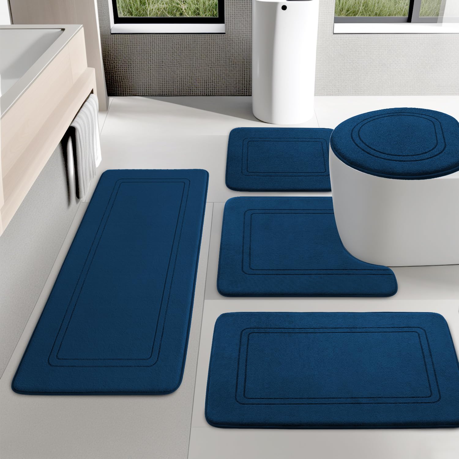 chakme Bathroom Rug Set, 3 Pieces, Soft Memory Foam Bath Mat, Non-Slip Washable, Bathroom Rug Set for Toilet, Shower and Bathtub, Navy Blue
