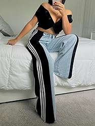 Angsuttc Womens Jeans with Patchwork Stripes High