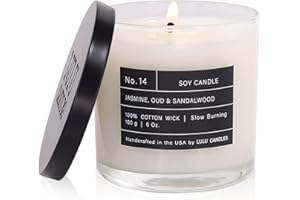 Lulu Candles | Jasmine, Oud & Sandalwood | Luxury Scented Soy Jar Candle | Hand Poured in The USA | Highly Scented Long Lasting (6 Oz.)