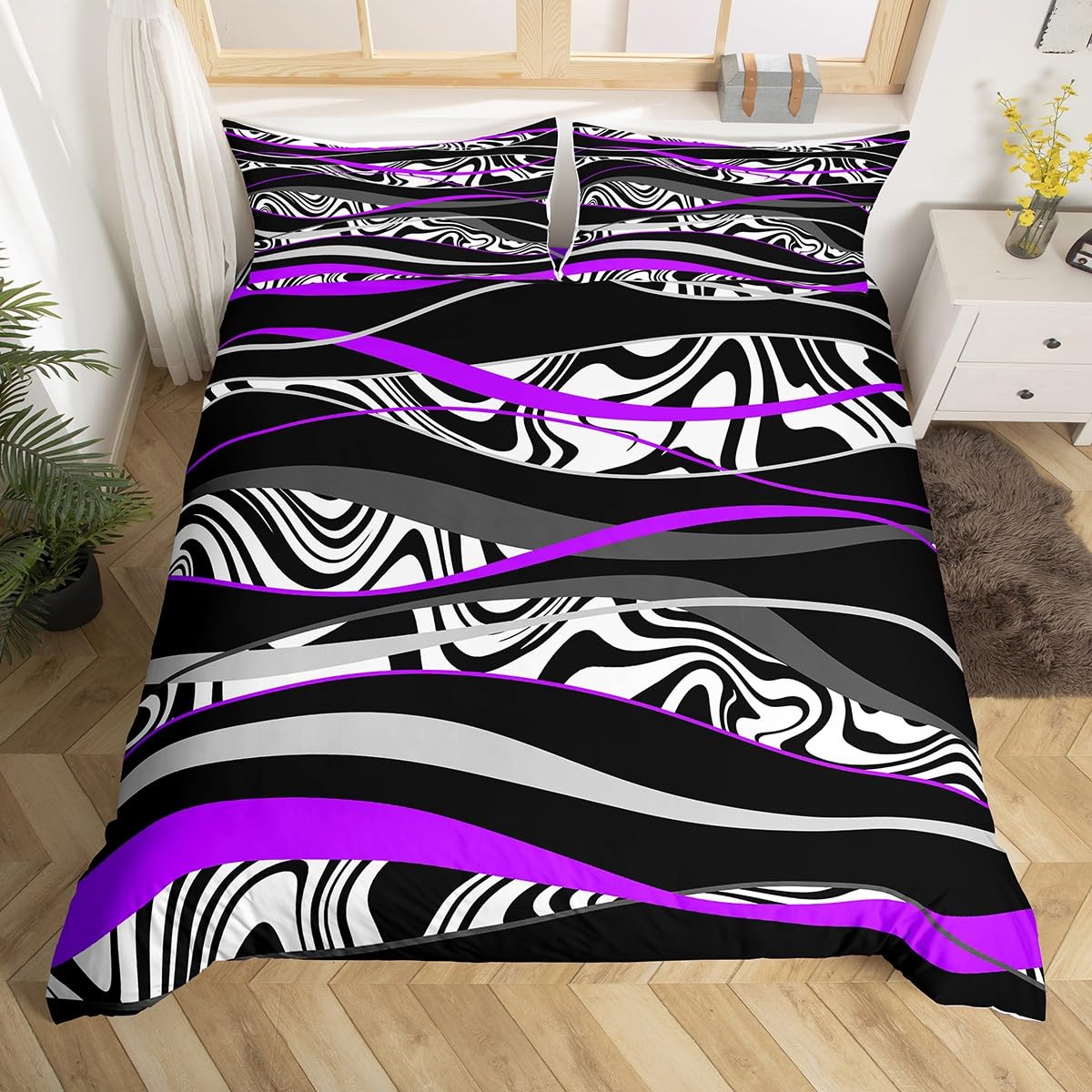 Geometric Purple Duvet Cover Set Single Size, Black White Grey Stripe Bedding Set 2pcs for Kids Girl Bedroom Decor, Modern abstract Comforter Cover Soft Polyester Quilt Cover with 1 Pillowcase