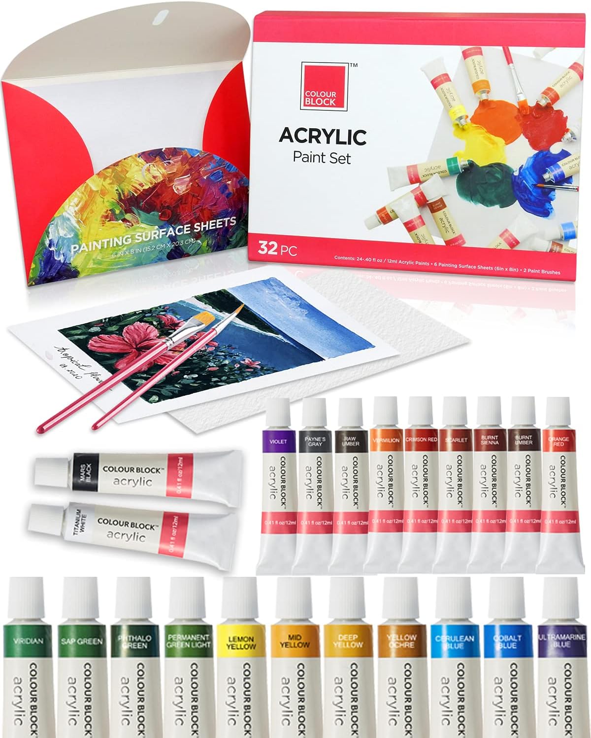COLOUR BLOCK 32pc Acrylic Paints Tube Set with Paint Brushes and Fine Paper I Drawing Supplies for Canvas, Wood, Rock, Fabric I DIY Arts Crafting Tools for Kids, Teens, Adults and Beginners to Artists