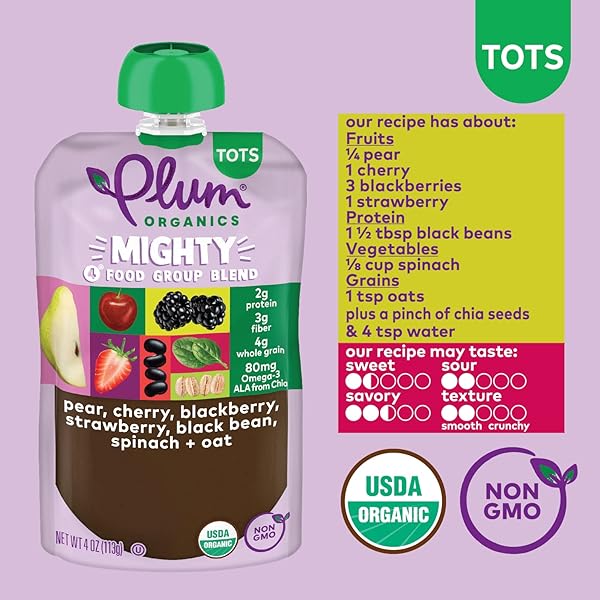 PLUM ORGANICS MIGHTY 4 ORGANIC TODDLER FOOD – PEAR, CHERRY, BLACKBERRY, STRAWBERRY, BLACK BEAN, SPINACH, AND OAT – 4 OZ POUCH – ORGANIC FRUIT AND VEGETABLE TODDLER FOOD POUCH