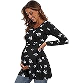 WOOXIO Women's Maternity Tops Short & Long Sleeve Pleated Waist Shirts Pregnancy Clothes