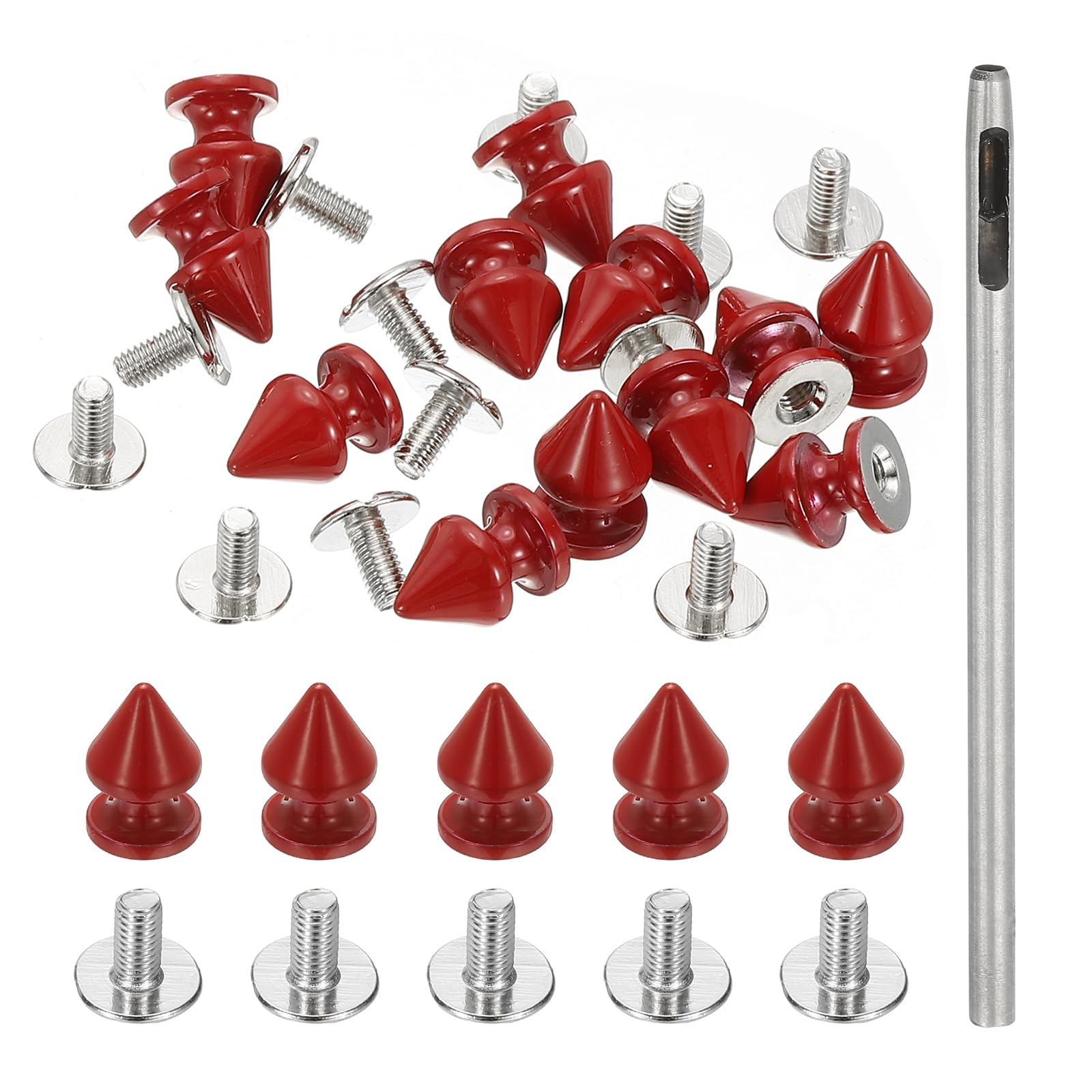 PATIKIL 12mm Studs for Clothing, 24 Sets Spikes for Clothes Studs and Spikes Leather Rivets Metal Cone Punk Spikes Screw Posts with Hole Puncher for Leather Jacket Fabric, Dark Red