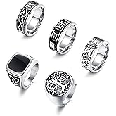 Sanfenly 5Pcs Stainless Steel Rings for Men Greek Signet Thumb Silver Retro Carving Celtic Band Rings Vintage Biker Band Rings Set