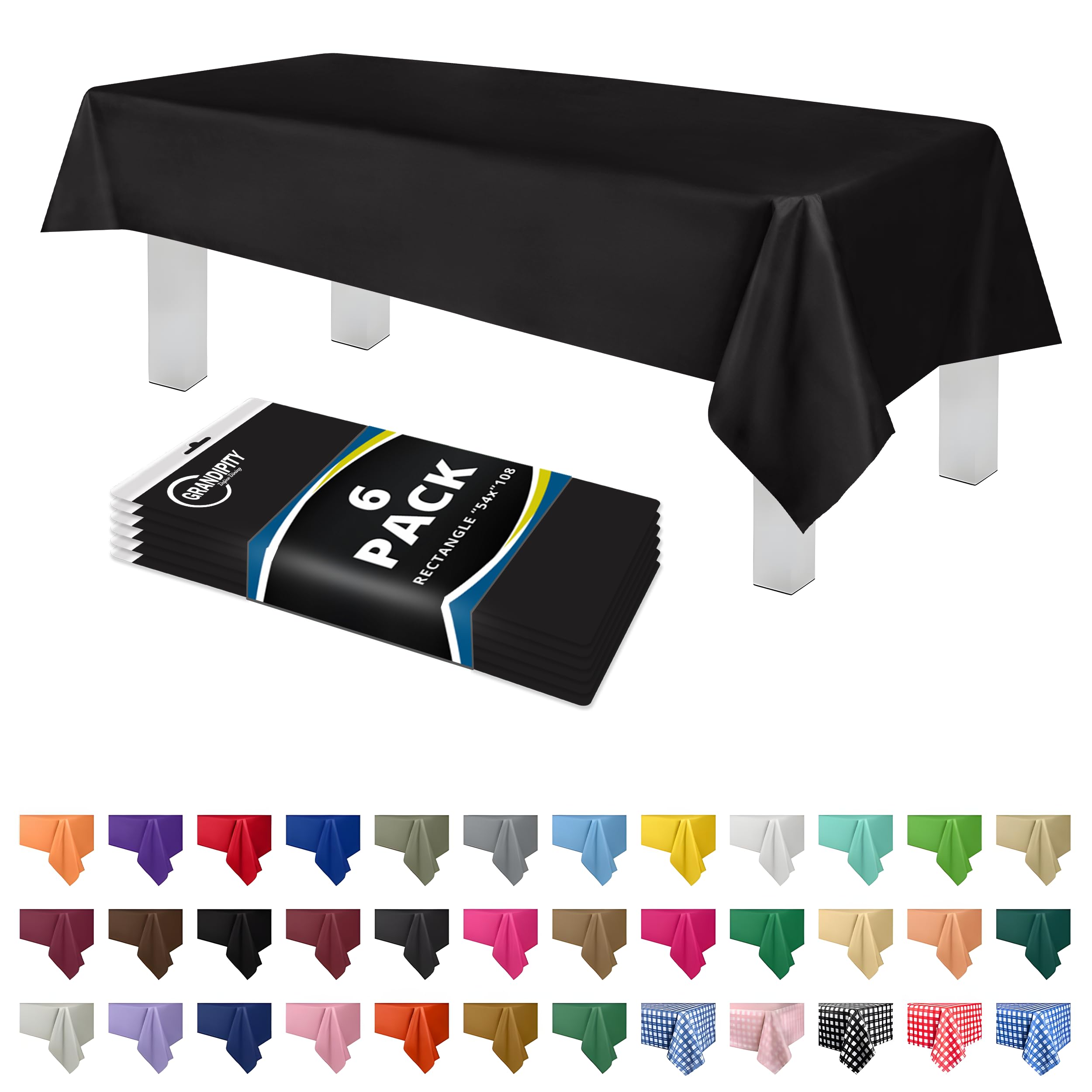 Grandipity Black 6 Pack Premium Disposable Plastic Tablecloth 54 Inch. x 108 Inch. Rectangle Table Cover