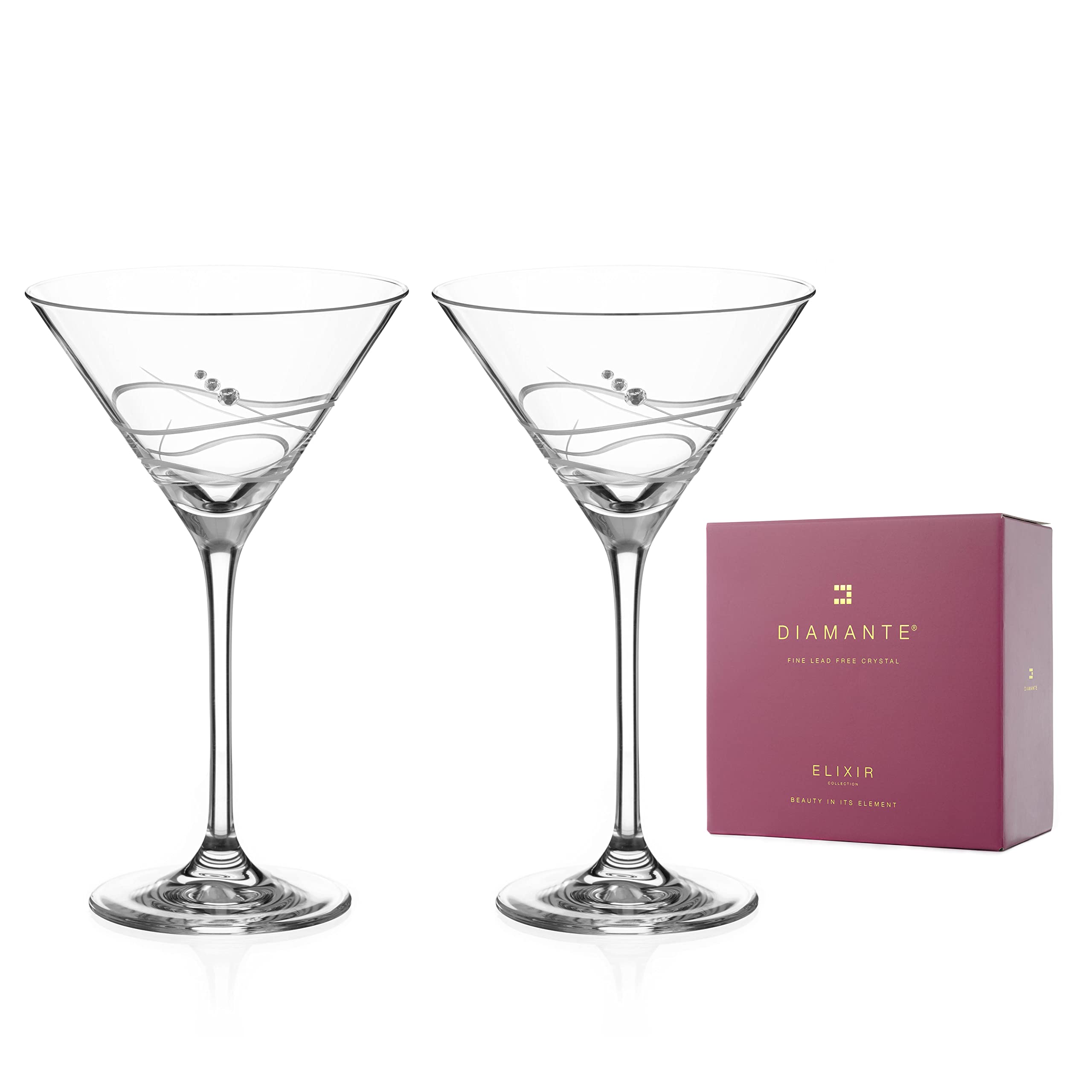 DIAMANTE Martini Cocktail Glasses Pair - 'Soho' - Embellished with Swarovski Crystals - Gift Box of 2