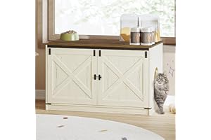 Hzuaneri Cat Litter Box Enclosure with Cushion, Hidden Litter Box Furniture with Removable Dividers, Reversible Entrance Left or Right Side,Cat House, Rustic White and Brown CB84714X