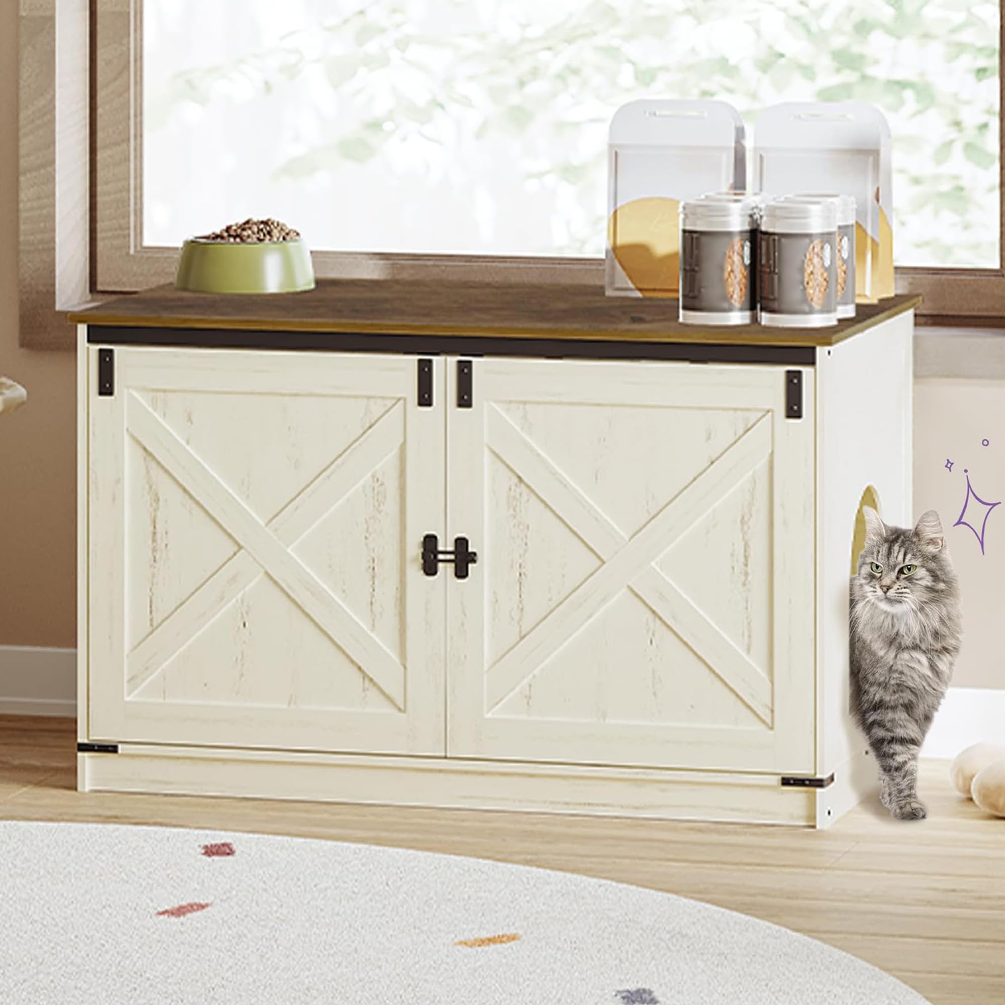 Photo 1 of ***FOR PARTS ONLY HAS DAMAGED PIECES*** Hzuaneri Cat Litter Box Enclosure with Cushion, Hidden Litter Box Furniture with Removable Dividers, Reversible Entrance Left or Right Side,Cat House, Rustic White and Brown CB84714X