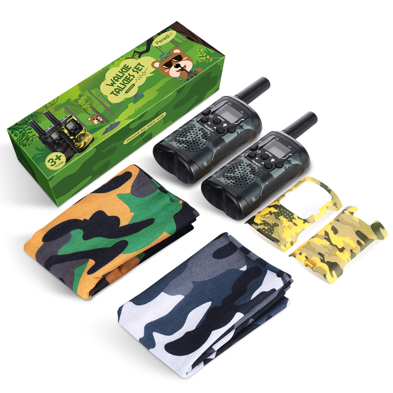 Peradix Talky Walky pour Enfant 3 Miles Longue 8 Canaux Talkies-Walkies， Écran LCD et Lampe de Torche,Prévoir Coques sont Fournis et Foulard Motif Militaire,Camouflage Talkie Walkie Enfants