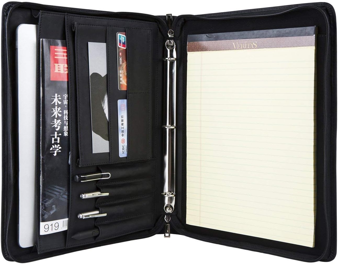 Professional Padfolio Portfolio 3 Ring Binder, Business Organizer Holder Multi-Function Folder Case with Zipper by Crazy-Horse Leather for iPad/Surface Book : Office Products