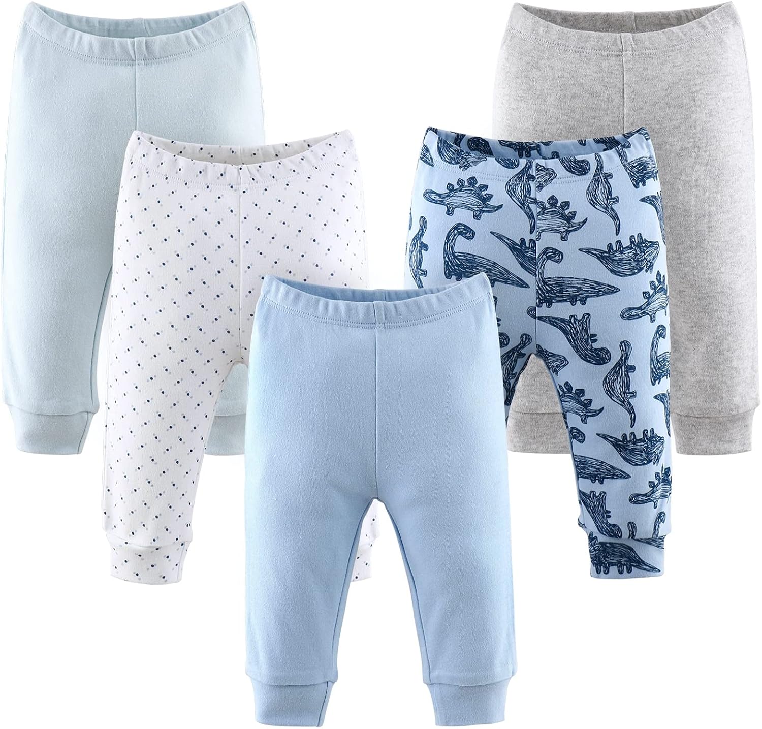 The Peanutshell 5 Pack Pants Set for Baby Boys | Blue, Grey, Dinosaur | Sizes Newborn to 24 Months: Clothing