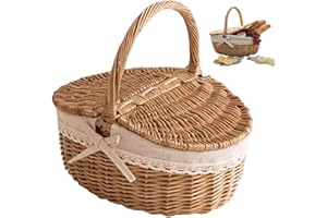 Wicker Picnic Basket Vintage, Woven Picnic Baskets with Lid and Handles for Picnics Camping Shopping Home Storage/Medium