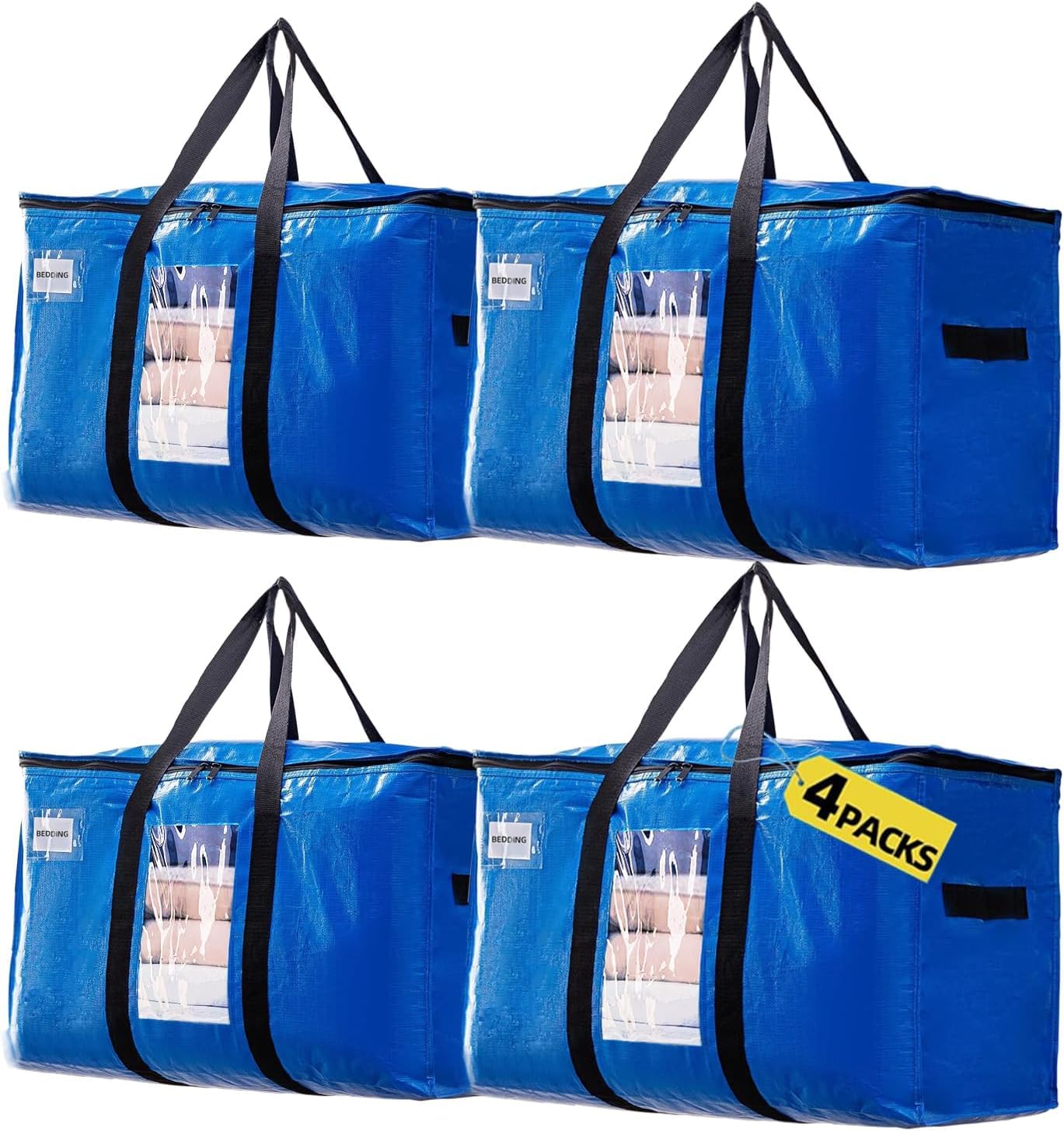 Belinlen 4 Pack Heavy Duty Moving Bags 100L Large Bags for Moving House Waterproof Storage Bags with Zips and Visible Window for Moving Travelling Camping Clothes Beddings Storage