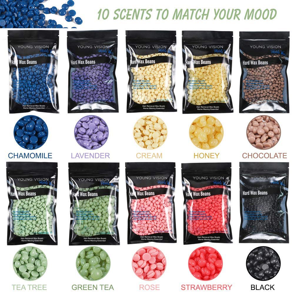 YOUNG VISION Hard Wax Beads for Hair Removal, 2.2lbs 1000g Refill Waxing Beads for Sensitive Skin Women, Face, Brazilian, Bikini, Body, Soft and Painless Waxing Beans, 10 Packs, Multi Color