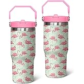 30 oz Flamingo Tumbler with Handle, Large Insulated Tumbler with Flip & Straw Coffee Mug Cup Stainless Steel Gifts for Women Men Youth