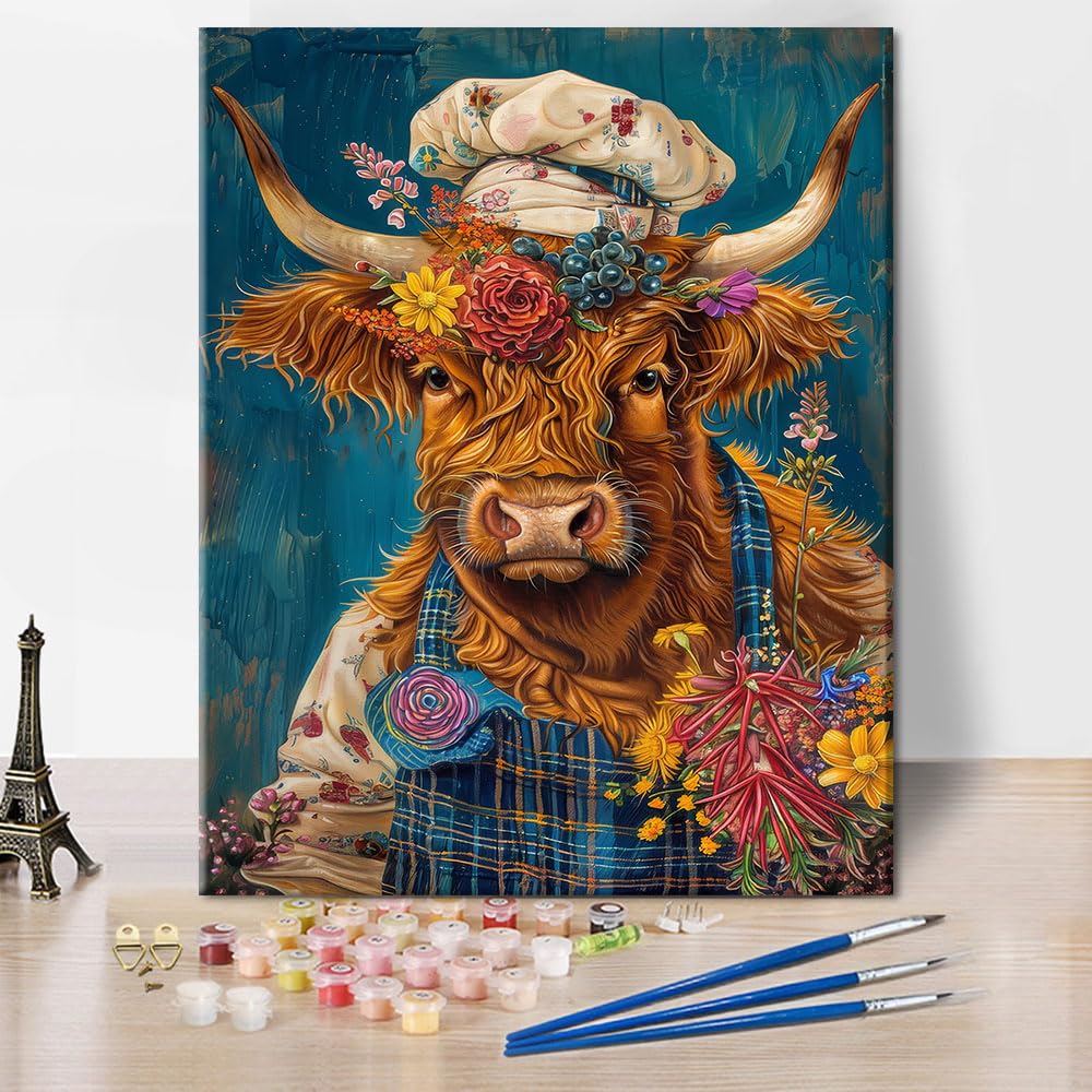 TISHIRON Funny Cow Paint by Numbers for Adults, Animals DIY Painting by Numbers for Gift Home Wall Decor, Highland Cattle Paint by Number Kits on Canvas 16"x20"(Frameless)
