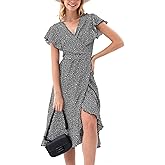 Women's Summer Wrap Maxi Dress Casual Boho Floral V Neck Short Sleeve Ruffle Hem Split Beach Long Dresses