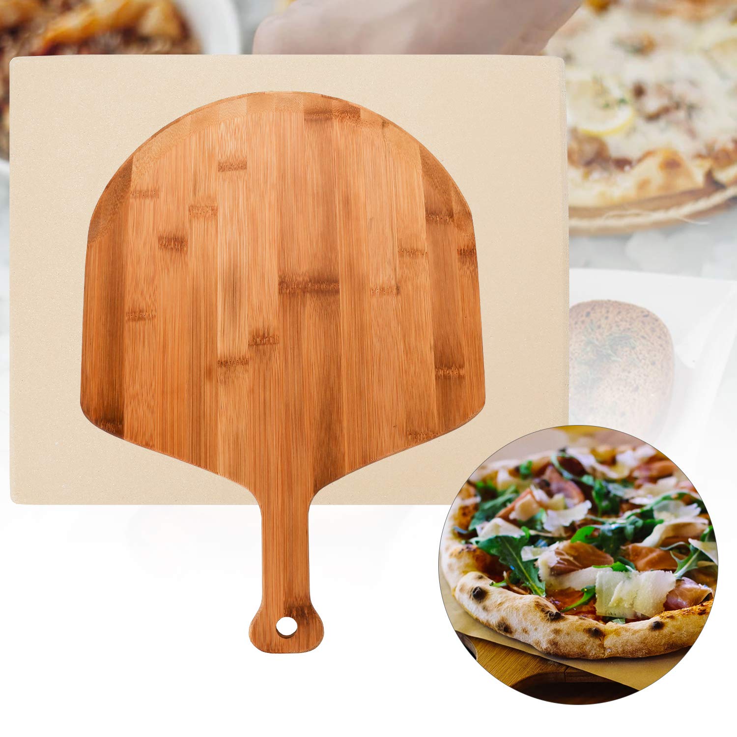 Forni per pizza Pala per Pizza in Legno di bambù wolketon Pietra per Pizza  1,5 cm per Forno e Grill incl Mattone per Pane Resistente al Calore 38 x 30  x 1,5