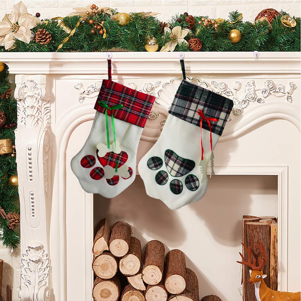 Yolyoo 2pcs Dog Paw Christmas Stocking,17.2’’ Large Christmas Stockings The Dog Feet Shape Pattern Holiday Hanging Stocking Decoration