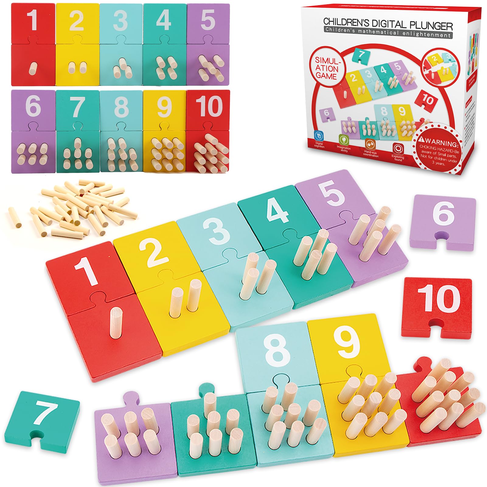 TEUVO Montessori Toys Counting Peg Board for Children 3 4 5 6 Years Old, Educational Wooden Math Games Digital Plunger Counting Blocks for Early Math Learning