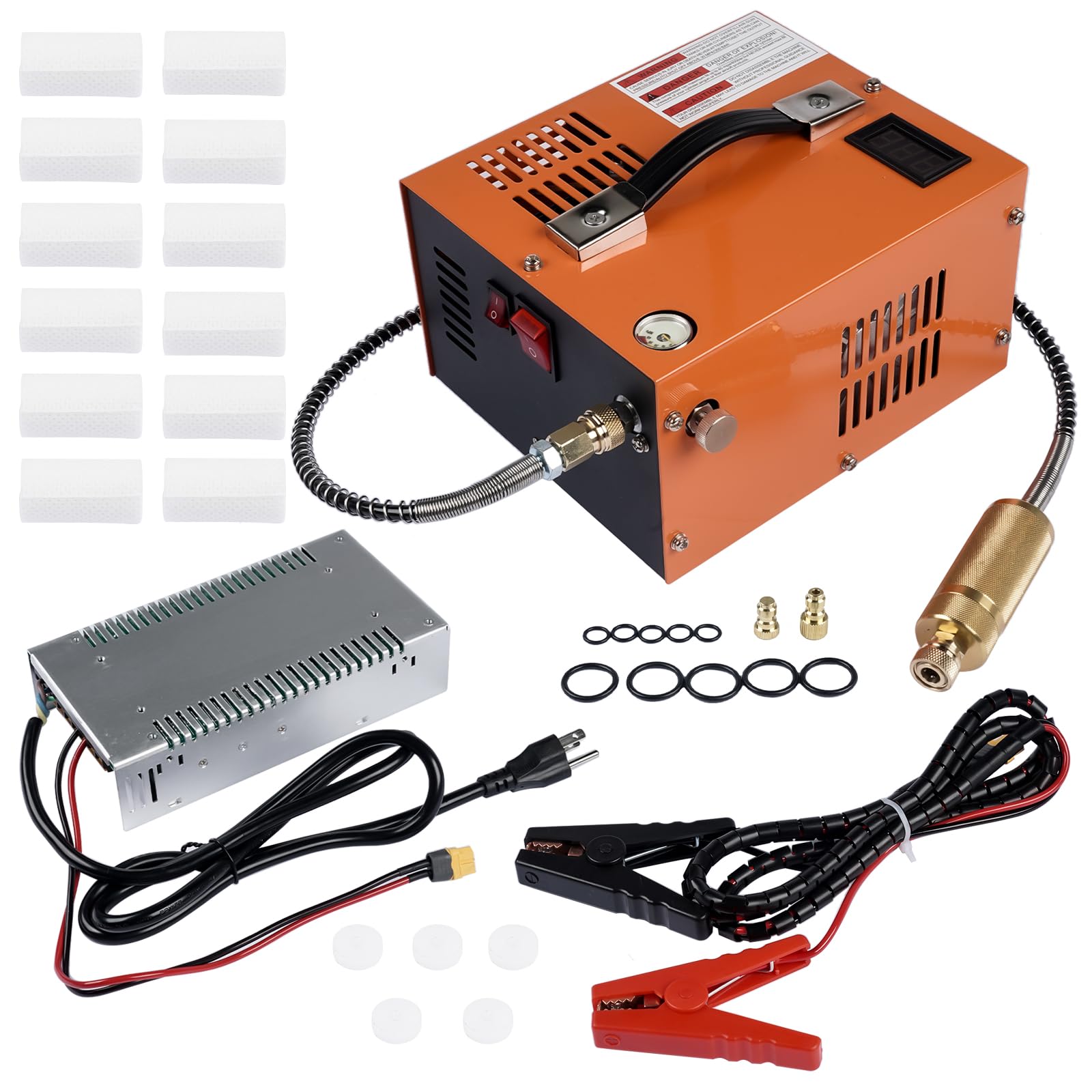 Photo 1 of 4500PSI Portable PCP Air Compressor, 12V DC/110V AC, Fast Inflation for Paintball, Air Rifle, Scuba Tank, Built-in Fan, Oil Free, Easy to Carry, Orange Mixizap