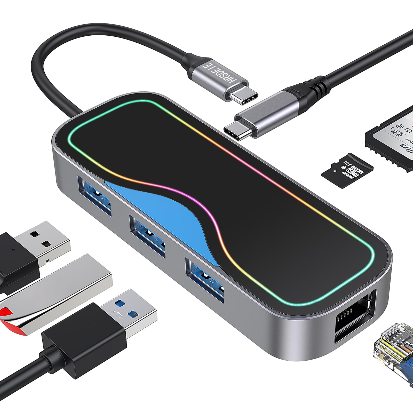 HRSDEIE USB C Hub Multiport Adapter with 100W PD Charging, 7-in-1 USB C Dock, 3 USB 3.0 Ports, 1Gbps Ethernet, SD/TF, for Laptop, MacBook, Surface, XPS, iMac