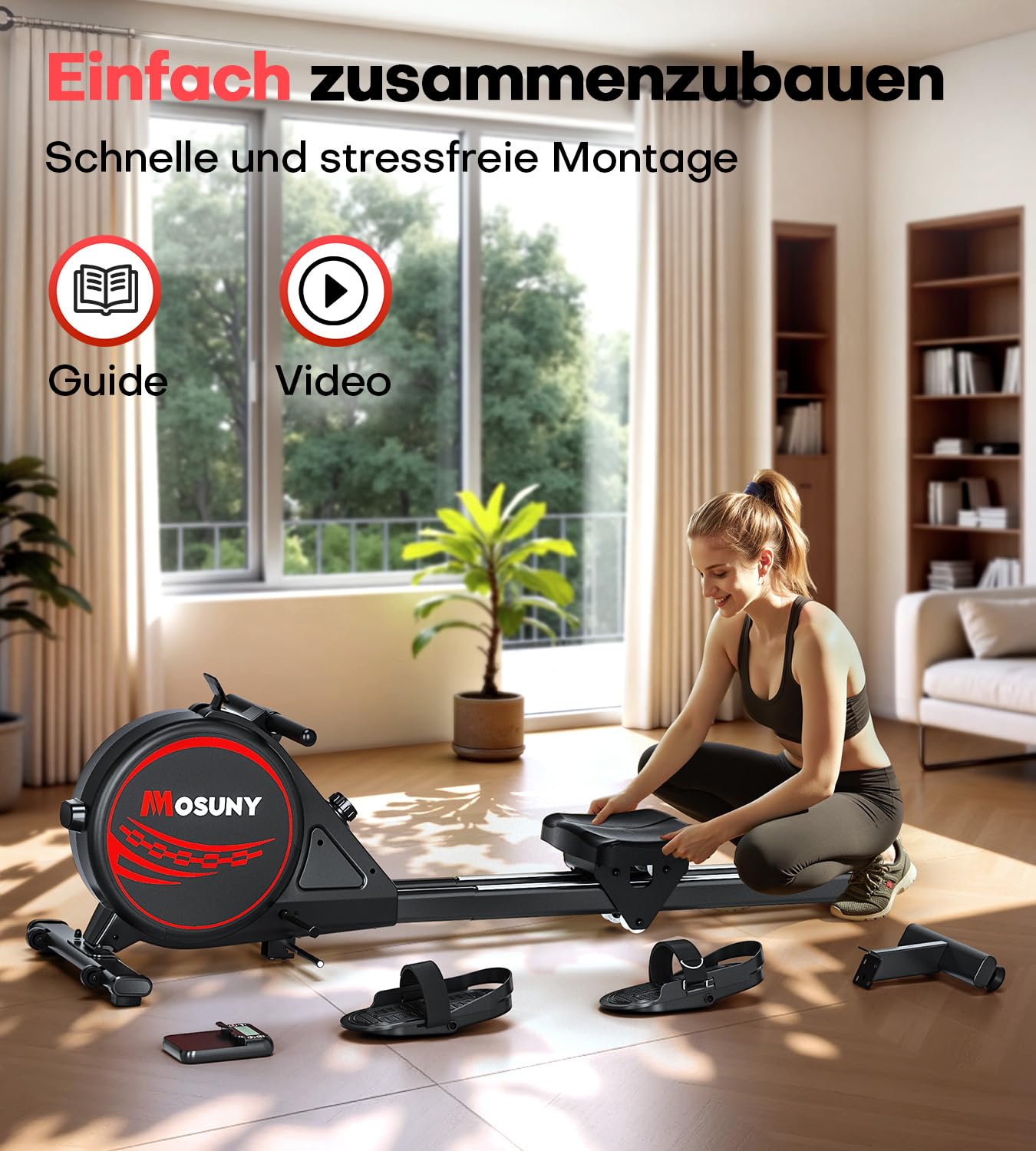 MOSUNY Rudergerät für Zuhause, Magnetisches Rudergerät mit 16 Widerstandsstufen,Upgrade Doppel-Slide-Rails Ultraleise, App-Kompatibel LCD-Datenanzeige, Belastbar bis160kg Rowing