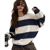 SKAYS Women's Retro Contrast Striped Sweater Loose Round Neck Long Sleeve Knitted Pullover