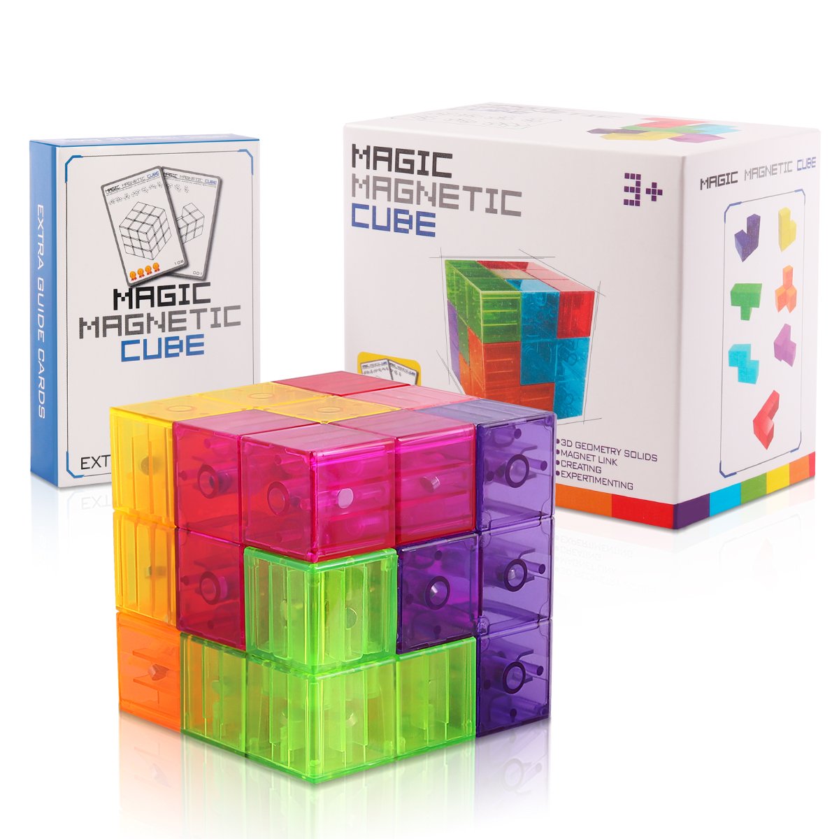 D-FantiX Magnetic Building Blocks, Magnet Cube Puzzle Toys Crystal 3D Tetris Puzzle Brainteaser Stress Relief Toy Square Magnets Building Blocks for Kids with 54pcs Puzzle Cards