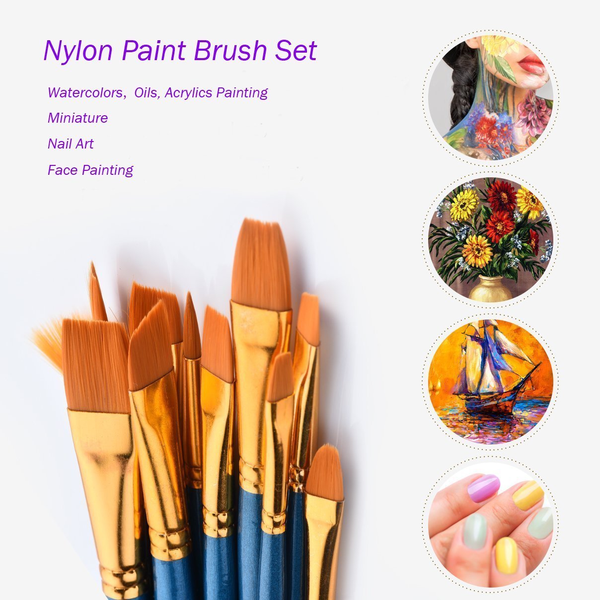 Paint Brush Set, Morkia 10pcs Acrylic Nylon Hair Round and Flat Pointed Tip Art Painting Brushes and 2pcs Paint Tray Palettes
