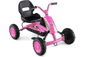 Costzon Go Kart for Kids, 4 Wheel Toddler Ride On Pedal Car with Steering Handlebars, Adjustable Seat, Outdoor Off-Road Racer Kiddie Cart, Toy Car Gift for Boys Girls Aged 3+ (Pink)