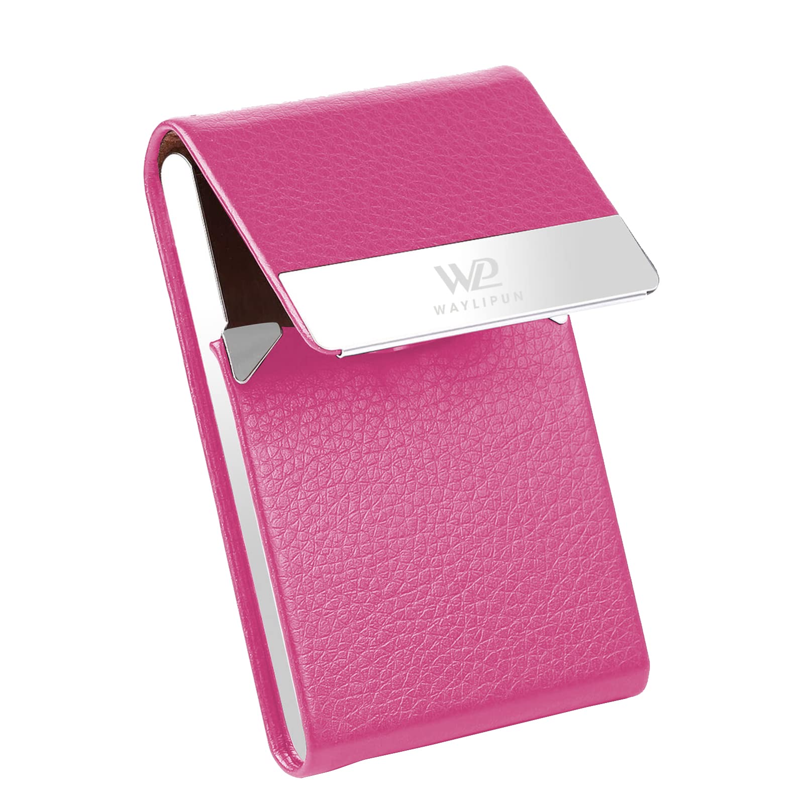Waylipun Business Card Holders, Professional Slim Metal PU Leather Case with Magnetic Shut - Magenta