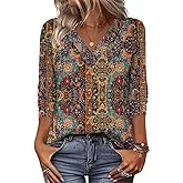 Zeagoo Women's Shirts Long Sleeve V Neck Tshirts Fall Boho Floral Blouses Business Casual Tops