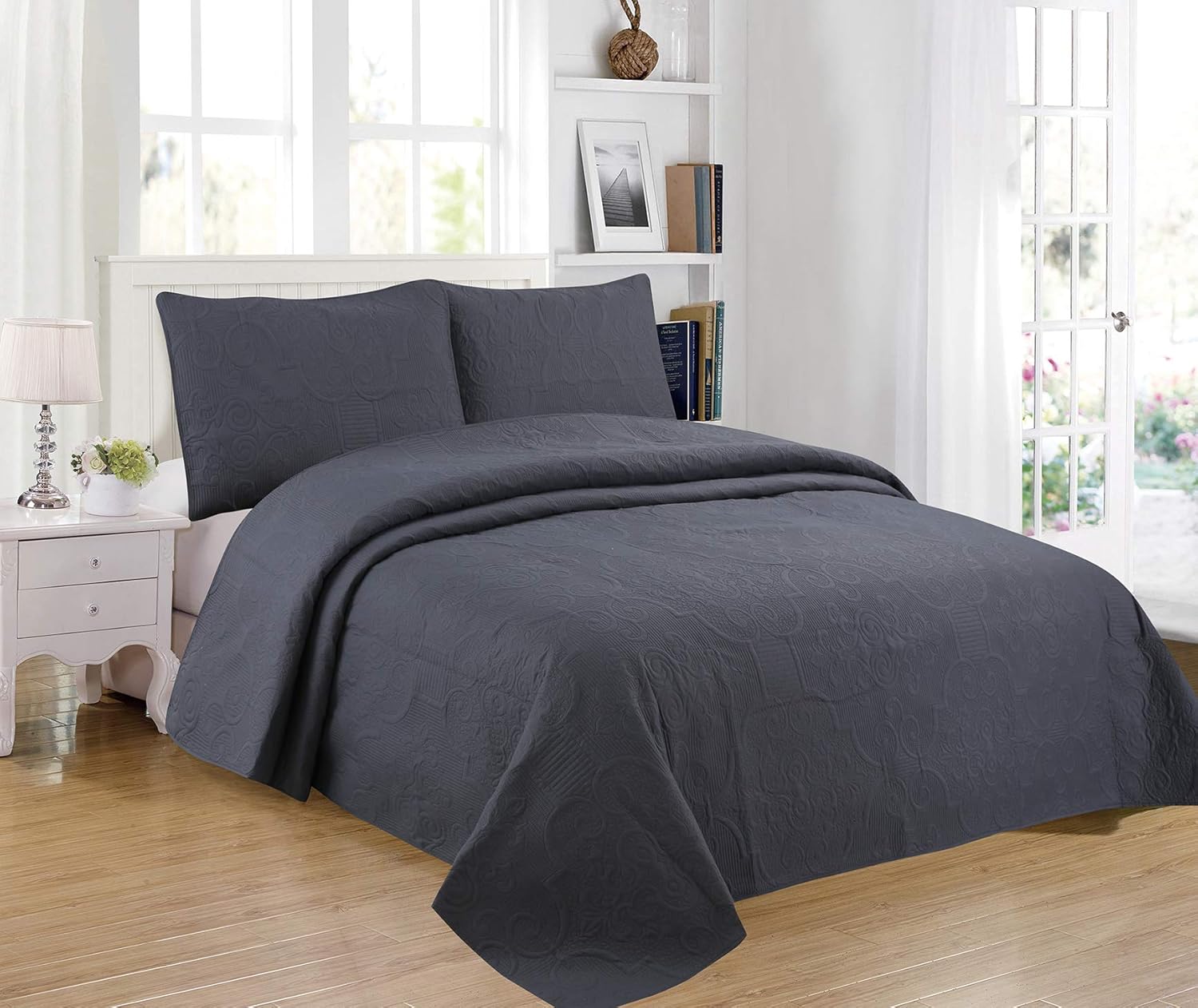 Sapphire Home 3-Piece Full/Queen Oversize Bedspread Coverlet Bedding Set w/2 Shams, Soft Touch, Solid, Stylish Embossed Pattern, All-Season Oversize Comforter Bed Cover, Emma Queen Gray Charcoal