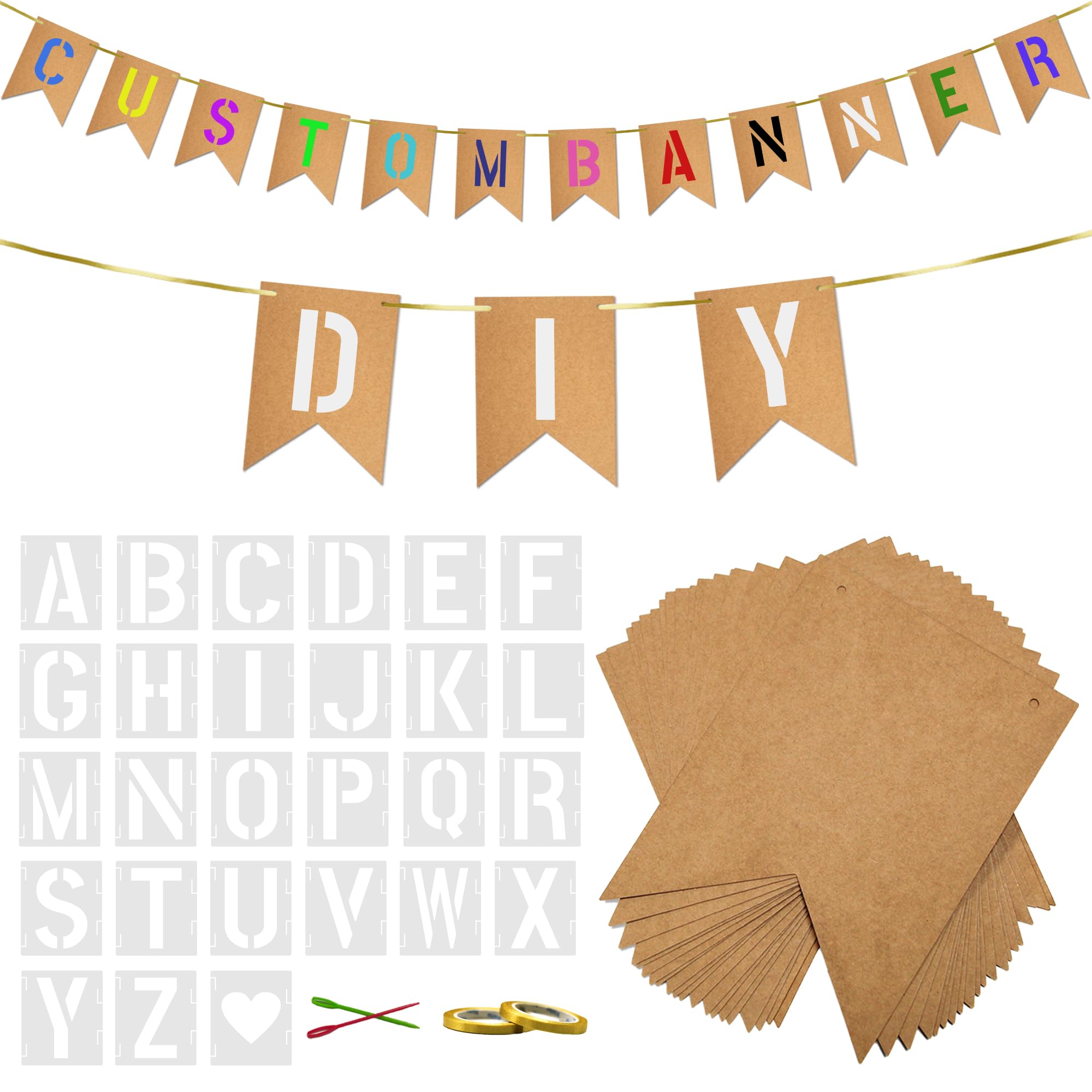 Photo 1 of 20 PCS DIY Custom Banner Set with Letter Stencils Ribbon, Customizable Party Sign Kit Blank Banner for Events Decoration Brown