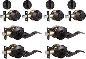 4 Pack Front Door Entry Lever Lock Set and Single Cylinder Deadbolt Keyed Alike Combination Set, Wave Style Door Lever Handle Set [Front Door or Office] Right & Left Sided Doors, Oil Rubbed Bronze